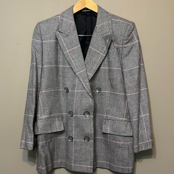 AQUASCUTUM Vintage Ingrid Wool Silk Double Breasted Checked Tailored Blazer - Picture 2 of 10